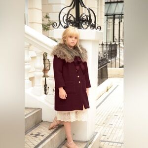Elegant Burgundy Kids Coat with Faux Fur Collar blu pony Vintage size 10